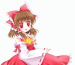  1girl :d ascot bow brown_hair detached_sleeves hair_bow hair_ribbon hakurei_reimu kashiwadokoro long_hair looking_at_viewer open_mouth red_eyes ribbon simple_background smile solo touhou white_background 