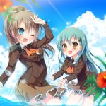  2girls :d ;d amamine ascot blue_eyes blurry brown_eyes brown_hair depth_of_field flower green_hair hair_ornament hairclip horizon in_water kantai_collection kumano_(kantai_collection) long_hair looking_at_viewer multiple_girls one_eye_closed open_mouth ponytail school_uniform sky smile suzuya_(kantai_collection) water 