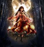 1girl bamboo bamboo_forest black_hair breasts brown_eyes expressionless forest frilled_skirt frilled_sleeves frills full_body full_moon highres houraisan_kaguya jan_(artist) long_hair long_skirt long_sleeves looking_at_viewer moon nature night outdoors skirt solo touhou very_long_hair wide_sleeves