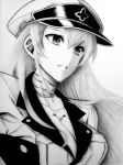  1girl akame_ga_kill! esdeath graphite_(medium) hair_between_eyes hat highres long_hair military military_uniform monochrome names76 peaked_cap solo traditional_media uniform 