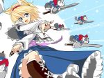  1girl alice_margatroid animal_ears blonde_hair blue_eyes boots capelet cat cat_ears crossed_arms extra_ears fang hairband lance lolita_hairband looking_at_viewer open_mouth panties pantyshot polearm puppet_rings q_kikuchi solo touhou underwear weapon 