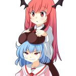  2girls anger_vein blue_hair breast_rest breasts breasts_on_head brown_dress clenched_teeth demon_girl demon_wings dress head_wings koakuma large_breasts long_hair long_sleeves multiple_girls no_hat oimo_(imoyoukan) open_mouth pink_dress red_eyes redhead remilia_scarlet touhou very_long_hair wings 