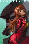  1girl blue_eyes bodysuit brown_hair copyright_name eva_02 hairpods head_back james_ghio lips long_hair mecha neon_genesis_evangelion nose plugsuit realistic signature small_breasts solo source_request souryuu_asuka_langley 