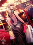  1girl 5boys backless_outfit bald black_eyes blonde_hair bodyguard bracelet brown_hair car cigarette dark_skin dimples_of_venus dress dutch_angle formal furyou_michi_~gang_road~ highres jewelry long_hair looking_back mole motor_vehicle multiple_boys necktie official_art ring smoking suit sunglasses tattoo thong_panties vehicle xaxak 