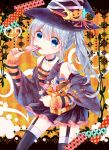  1girl :q alternate_costume black_legwear blue_eyes candy carrying choker detached_sleeves garter_straps halloween hat head_tilt highres holding itsumizu jack-o&#039;-lantern lollipop long_hair looking_at_viewer mononobe_no_futo ponytail silver_hair solo tongue tongue_out touhou witch_hat 