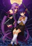  2girls :d blindfold blue_eyes blue_hair bow facial_mark fate/stay_night fate_(series) forehead_mark hair_bow hair_ribbon highres long_hair looking_at_viewer matou_sakura multiple_girls npcpepper open_mouth purple_hair ribbon rider school_uniform short_hair smile very_long_hair 