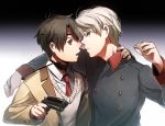  2boys aki_(neyuki41028) aldnoah.zero brown_eyes brown_hair gun kaizuka_inaho looking_at_viewer military military_uniform multiple_boys necktie school_uniform short_hair silver_hair slaine_troyard uniform weapon yaoi 