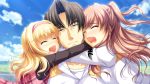  1boy 2girls :d allison_carpenter annoyed artemis_blue asami_asami blonde_hair face facial_hair game_cg hairband highres hug katsura_keima multiple_girls open_mouth smile stubble sweatdrop tajima_haru two_side_up uniform 