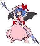  1girl bat_wings blue_hair hat open_mouth polearm red_eyes remilia_scarlet ribbon shinmon_akika short_hair simple_background smile solo spear touhou weapon white_background wings 