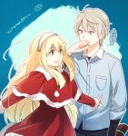  1boy 1girl aki_(neyuki41028) aldnoah.zero asseylum_vers_allusia blonde_hair blush box casual dress gift gift_box green_eyes long_hair santa_costume short_hair slaine_troyard smile 