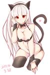  1girl 2014 adjusting_hair animal_ears bra breast_squeeze breasts cat_ears cat_tail choker cleavage cowboy_shot date heart highres long_hair looking_at_viewer panties pink_hair red_eyes ribbon_choker smile solo tail thigh-highs tigersaber underwear underwear_only 