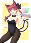  animal_ears bare_arms bare_shoulders black_legwear braid breasts bunnysuit cat_ears cat_tail cleavage cocktail collar fangs gomi_(gomitin) hair_bobbles hair_ornament kaenbyou_rin leotard looking_at_viewer multiple_tails open_mouth pantyhose red_eyes redhead smile strapless tail touhou tray twin_braids wrist_cuffs 