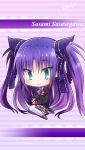  1girl blue_eyes cat chibi little_busters!! long_hair miyoshi_yun purple_hair sasasegawa_sasami school_uniform thigh-highs twintails 