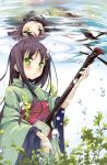  1girl :o air_bubble bachi blush brown_hair different_reflection dot_nose green_eyes highres holding instrument japanese_clothes kawai_(purplrpouni) kimono long_hair looking_at_viewer original plant plectrum reflection shamisen smile solo underwater wide_sleeves 