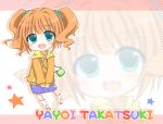 1girl :d blue_eyes brown_hair casual character_name chibi idolmaster kashiwadokoro looking_at_viewer open_mouth smile solo takatsuki_yayoi twintails zoom_layer 