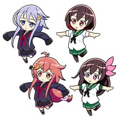  4girls ahoge blue_eyes blue_hair bow brown_eyes brown_hair bunny_hair_ornament chibi crescent_hair_ornament hair_bow hair_ornament hair_ribbon kantai_collection kisaragi_(kantai_collection) long_hair mikakunin_de_shinkoukei multiple_girls mutsuki_(kantai_collection) outstretched_arms pink_eyes pink_hair pleated_skirt ribbon school_uniform serafuku short_hair short_hair_with_long_locks skirt sleeves_past_wrists spread_arms tk8d32 uzuki_(kantai_collection) violet_eyes yayoi_(kantai_collection) 