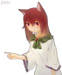  1girl animal_ears brooch brown_hair bust face imaizumi_kagerou jewelry long_sleeves looking_at_viewer pointing red_eyes shirt simple_background solo touhou white_background wide_sleeves wolf_ears 