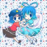  :d ;d blue_eyes blue_hair chibi hair_ornament hair_stick hat kaku_seiga kashiwadokoro looking_at_viewer lowres miyako_yoshika ofuda one_eye_closed open_mouth shawl short_hair smile touhou 