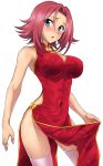  1girl aqua_eyes blush breasts china_dress chinese_clothes code_geass female kallen_stadtfeld large_breasts looking_at_viewer no_panties open_mouth pink_legwear redhead solo thigh-highs yuuki_homura 