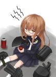  1girl blouse brown_eyes brown_hair cannon glasses kantai_collection long_hair mochizuki_(kantai_collection) open_mouth red-framed_glasses school_uniform serafuku skirt thermos torpedo turret usui_harusame 