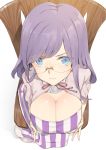  1girl blue_eyes blush breast_squeeze breasts chair cleavage_cutout foreshortening glasses hayashi_kewi large_breasts long_hair looking_at_viewer patchouli_knowledge purple_hair revision rimless_glasses simple_background sitting solo touhou vertical-striped_dress white_background 