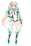  1girl angela_balzac blade_(galaxist) blonde_hair blue_eyes blush breasts covered_navel elbow_gloves expelled_from_paradise gloves headgear leotard long_hair looking_at_viewer low_twintails simple_background solo thigh_strap twintails very_long_hair white_background 
