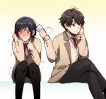  1boy 1girl aki_(neyuki41028) aldnoah.zero amifumi_inko black_hair black_legwear blush brown_hair crying kaizuka_inaho necktie school_uniform short_hair sitting skirt tissue 