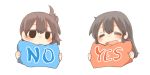  2girls akagi_(kantai_collection) black_eyes black_hair blush brown_hair chibi closed_eyes kaga_(kantai_collection) kantai_collection long_hair multiple_girls no open_mouth pillow rebecca_(keinelove) short_hair side_ponytail smile yes yes-no_pillow 