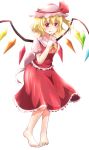  1girl :d barefoot blonde_hair blush bow finger_to_mouth flandre_scarlet hat hat_bow mickeysmith open_mouth red_eyes sash smile solo tongue tongue_out touhou white_background wings 