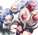  1girl asymmetrical_wings blue_hair breasts dizzy guilty_gear leaning_forward one_eye_closed open_mouth simple_background solo white_background whitesesame wings 
