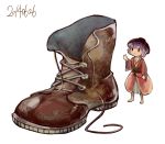  1girl barefoot bird boots bowl brown_boots cross-laced_footwear dated duck full_body japanese_clothes kimono lace-up_boots long_sleeves minigirl purple_hair short_hair simple_background solo sukuna_shinmyoumaru touhou white_background wide_sleeves |w| 