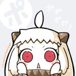  1girl ahoge blush_stickers chibi horns kantai_collection long_hair looking_at_viewer lowres mittens northern_ocean_hime pocotama red_eyes shinkaisei-kan solo translation_request white_hair white_skin 