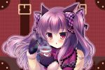  1girl animal_ears bow cat_ears coat glass hair_bow hair_ribbon holding long_hair mittens mizuki_yuuma original purple_hair ribbon scarf solo steam two_side_up violet_eyes 
