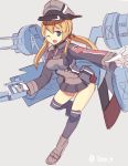  1girl ;d black_legwear black_skirt blonde_hair blue_eyes gloves hair_ribbon hat iron_cross kantai_collection kneehighs leg_up long_hair long_sleeves machinery microskirt military military_uniform one_eye_closed open_mouth outstretched_arm peaked_cap pleated_skirt prinz_eugen_(kantai_collection) ribbon seo_tatsuya silver_background simple_background skirt smile solo turret twintails twitter_username uniform white_gloves 