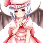 1girl album_cover bat_wings blue_hair chikuwa_savi cover finger_to_mouth hat red_eyes remilia_scarlet ribbon short_hair solo touhou wings 