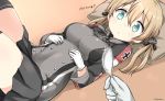  1girl anchor_hair_ornament blonde_hair breasts gloves green_eyes kantai_collection lying microskirt military military_uniform on_ground prinz_eugen_(kantai_collection) ryuki_(ryukisukune) skirt spoon thigh-highs twintails uniform 