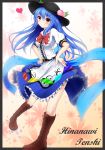  1girl black_border blue_hair blue_skirt boots border bow character_name food fruit hands_on_hips hat heart highres hinanawi_tenshi long_hair peach red_eyes short_sleeves skirt smirk solo touhou yellow_eyes ymd_(holudoun) 