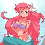  1girl ariel_(disney) bare_shoulders blue_eyes breasts cleavage disney earrings flower hair_flower hair_ornament highres jewelry long_hair mermaid monster_girl moyoosu navel redhead smile solo the_little_mermaid very_long_hair 