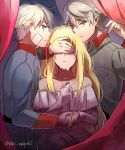  1boy 1girl aki_(neyuki41028) aldnoah.zero asseylum_vers_allusia bare_shoulders blonde_hair covering_eyes dual_persona jewelry long_hair midriff military military_uniform pendant short_hair slaine_troyard tears uniform 