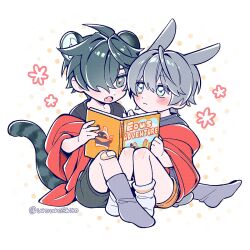 2boys :o aged_down ahoge animal_ears artist_name bandaid bandaid_on_knee bandaid_on_leg bangboo_(zenless_zone_zero) black_shorts blanket blue_shirt blush blush_stickers book child closed_mouth commentary_request crossed_bangs eous_(zenless_zone_zero) fang green_eyes green_hair grey_hair grey_shirt grey_socks hair_between_eyes hair_over_one_eye highres holding holding_book knees_up lighter_(zenless_zone_zero) looking_at_another male_focus multiple_boys one_eye_covered open_book open_mouth orange_shorts parted_bangs rabbit_boy rabbit_ears rabbit_tail shared_blanket shirt short_hair short_shorts short_sleeves shorts simple_background sitting socks t-shirt tail tiger_boy tiger_ears tiger_tail twitter_username urouroshiro white_background white_socks wise_(zenless_zone_zero) zenless_zone_zero 