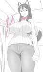  1girl animal_ears black_hair blue_eyes breasts character_request collar curvy denim dog_collar dog_ears dog_tail eyebrows futaba_channel highres huge_breasts jeans leash long_hair looking_at_viewer monochrome nijiura_maids pants ribbed_sweater solo sweater tail thick_eyebrows 