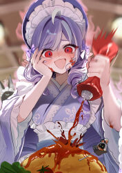 1girl :d ? ?? ahoge alternate_costume bangboo_(zenless_zone_zero) bonnet commentary_request food highres japanese_clothes ketchup ketchup_bottle kimono looking_at_viewer maid multicolored_hair omelet open_mouth pointy_ears purple_hair purple_kimono red_eyes ruiuncle smile streaked_hair upper_body vivian_banshee wa_maid white_hair zenless_zone_zero 