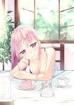  1girl absurdres bra_strap breasts camisole casual chair highres long_hair looking_at_viewer original parted_lips pink_eyes pink_hair pudding restaurant smile solo table tunamayochan 