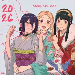  2026 4girls absurdres alternate_costume anya_(spy_x_family) beam_(chainsaw_man) black_choker black_hair blonde_hair blush chainsaw_man choker commentary crossover english_commentary fingernails forehead fur-trimmed_kimono fur_trim furisode green_eyes grenade_pin hair_between_eyes happy_new_year highres hug hug_from_behind japanese_clothes justin_leyva_(steamy_tomato) kimono kitagawa_marin long_hair_between_eyes looking_at_viewer multiple_crossover multiple_girls nail_polish obi pink_hair red_eyes red_nails reze_(chainsaw_man) sash shark sidelocks signature smile sono_bisque_doll_wa_koi_wo_suru spy_x_family teeth upper_teeth_only yor_briar 