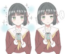  ... 1girl black_hair blue_background blunt_bangs blunt_ends blush bob_cut brown_dress closed_mouth coffee commentary_request cup dress expressionless flower flower_knot green_eyes hair_flower hair_ornament hasu_no_sora_school_uniform highres holding holding_cup iroha_(nami3) link!_like!_love_live! long_sleeves love_live! momose_ginko multiple_views neckerchief sailor_collar sailor_dress school_uniform short_hair sparkle spoken_ellipsis steam virtual_youtuber white_flower white_sailor_collar winter_uniform yellow_neckerchief 