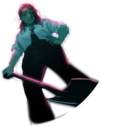  1girl angela_he black_eyes black_necktie collared_shirt colored_skin cowboy_shot from_below furrowed_brow green_skin hand_on_own_hip highres holding holding_shovel looking_at_viewer necktie non-web_source official_art parted_lips pink_hair planted planted_shovel shirt short_hair shovel sleeves_rolled_up solo stop_burying_me_alive_beautiful! transparent_background variant_set white_shirt 