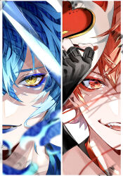  2boys ace_trappola ace_trappola_(new_year's_attire) black_gloves blue_eyeshadow blue_hair blue_lips blurry border colored_eyelashes commentary_request crossed_bangs depth_of_field eyeliner eyeshadow fangs film_grain fingerless_gloves fingernails fox_mask gloves grin hair_between_eyes hand_up highres holding holding_mask idia_shroud idia_shroud_(new_year's_attire) japanese_clothes joe_999 katana kimono looking_at_viewer makeup male_focus mask multiple_boys open_mouth orange_hair pale_skin patterned_hair portrait red_eyeliner red_eyes red_eyeshadow short_hair smile split_screen straight-on sword twisted_wonderland unworn_mask wavy_hair weapon white_background white_border yellow_eyes 