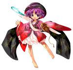  &gt;:d 1girl :d alphes_(style) barefoot bowl_hat colored_eyelashes female japanese_clothes kimono miracle_mallet needle open_mouth parody purple_hair sheath shope smile solo style_parody sukuna_shinmyoumaru touhou violet_eyes wide_sleeves 
