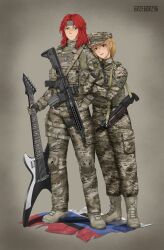  1boy 1girl a_song_of_ice_and_fire absurdres arm_hug assault_rifle azov_battalion beanie blonde_hair blue_hat boots brown_eyes camouflage camouflage_jacket camouflage_pants cargo_pants commission commissioner_upload couple death_(band) digital_camouflage electric_guitar flag_patch galician_division game_of_thrones green_eyes grzegorz1996 guitar gun hairband hand_in_pocket hat hetero highres holding holding_guitar holding_instrument holster instrument jacket kenneth_del_duca knee_pads ks-23 load_bearing_vest long_hair marichka military non-web_source open_mouth original pants red_hair rifle rubizh_regiment russian_flag russo-ukrainian_war serious shotgun smile tactical_gloves thigh_holster tryzub uar-15 ukrainian_flag weapon z_(russian_symbol) 