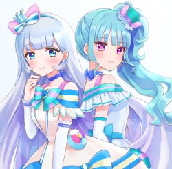  2girls absurdres animal_ear_hairband animal_ears aqua_bow aqua_hair aqua_hairband aqua_hat back-to-back back_bow blue_bow blue_choker blue_crown blue_eyes blue_hairband blunt_bangs blush bow bow_choker bow_hairband breasts bright_pupils brooch cat_ear_hairband cat_ears chest_bow choker closed_mouth collarbone commentary crown crown_earrings cure_lillian cure_nyammy detached_sleeves dress dress_bow earrings fake_animal_ears fingernails frilled_dress frilled_sleeves frills hairband hand_up hat heart heart_brooch high_ponytail high_side_ponytail highres jewelry lips long_hair looking_at_viewer magical_girl medium_breasts medium_dress mini_crown mini_hat mini_top_hat multicolored_bow multiple_girls nekoyashiki_mayu nekoyashiki_yuki off-shoulder_dress off_shoulder pact_holder parted_lips pearl_earrings pink_lips ponytail pouch precure sawadariku75 shiny_cats_pact side_ponytail simple_background smile striped_bow tilted_headwear top_hat upper_body very_long_hair violet_eyes white_bow white_dress white_sleeves wonderful_precure! yellow_pupils 